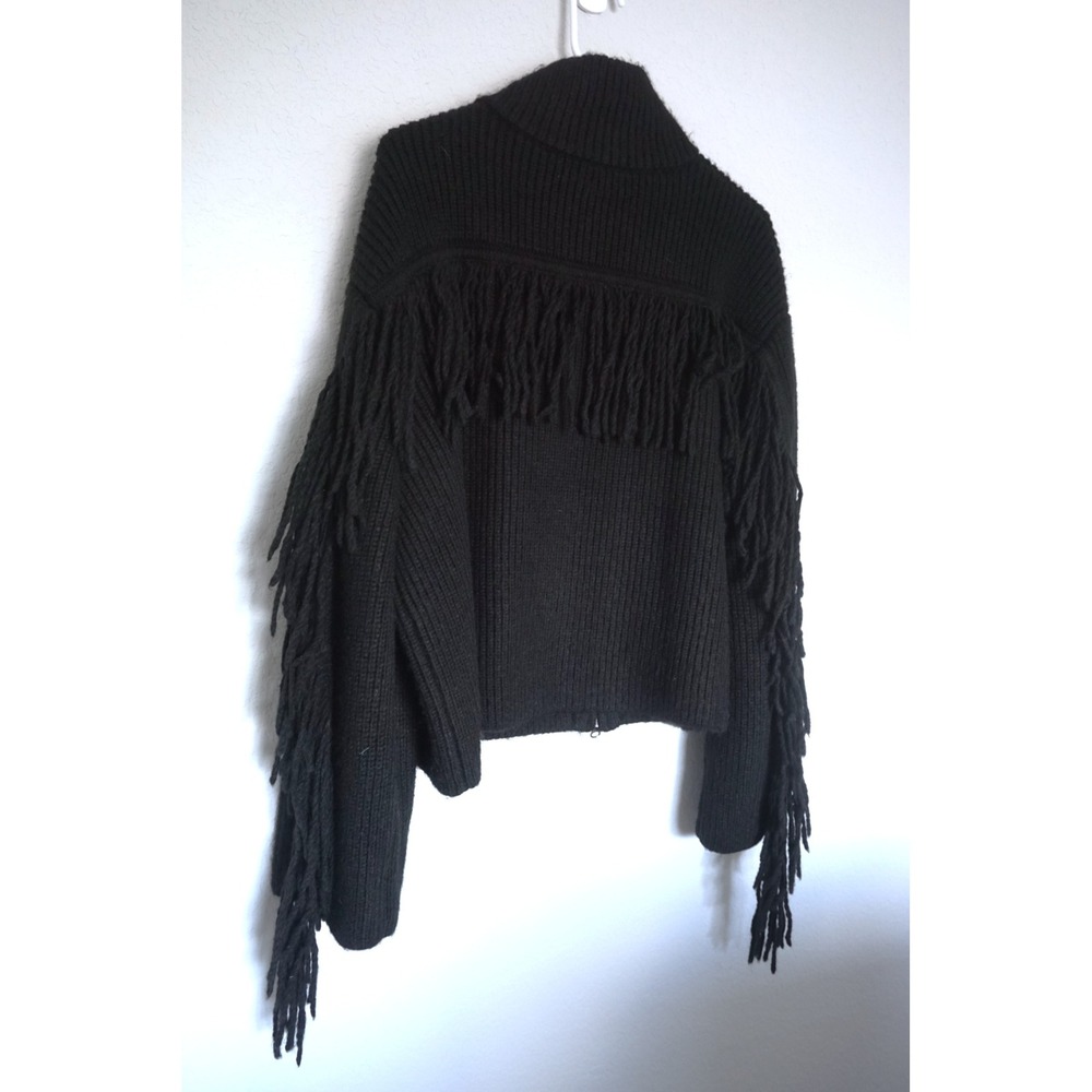 GAP Black Ribbed Knit Fringe Cardigan Mock Neck Full Zip Sweater XL